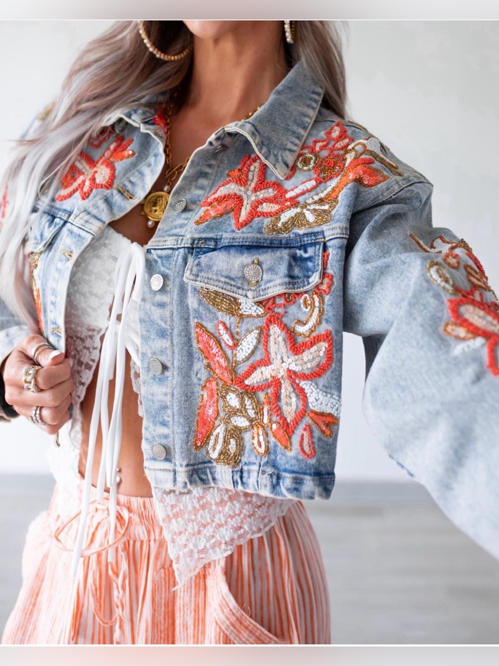 POL denim beaded sequin boho western tapestry patchwork floral jean jacket coat